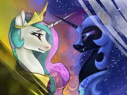 Size: 1600x1200 | Tagged: safe, artist:forgotrustproxy, nightmare moon, princess celestia, g4, bust, fangs, looking at each other, portrait, watermark