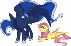 Size: 859x559 | Tagged: safe, artist:moonswirll, fluttershy, princess luna, g4, prone, simple background, spread wings, transparent background