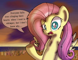Size: 1800x1400 | Tagged: safe, artist:theclassicthinker, fluttershy, pegasus, pony, g4, bust, confused, dialogue, female, implied heart attack, looking at you, mare, solo, speech bubble