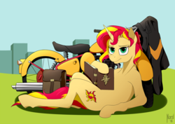 Size: 2046x1446 | Tagged: safe, artist:nordhoof, sunset shimmer, pony, unicorn, g4, book, female, motorcycle, on back, royal enfield, solo