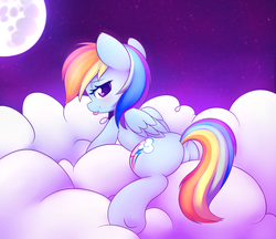 Size: 3700x3200 | Tagged: safe, artist:heavymetalbronyyeah, rainbow dash, pegasus, pony, g4, :p, blushing, butt, cloud, cute, female, heart eyes, high res, looking at you, moon, plot, prone, solo, tongue out, wingding eyes