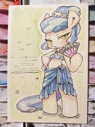 Size: 1536x2048 | Tagged: safe, artist:mosamosa_n, sapphire shores, earth pony, seagull, anthro, semi-anthro, unguligrade anthro, g4, arm hooves, bikini, clothes, fan, female, looking at you, solo, swimsuit
