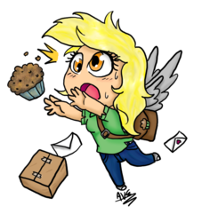 Size: 682x750 | Tagged: safe, artist:gothtigressa, artist:violetfeatheroficial, derpy hooves, human, g4, chibi, clothes, cute, female, food, humanized, letter, muffin, simple background, solo, transparent background, winged humanization