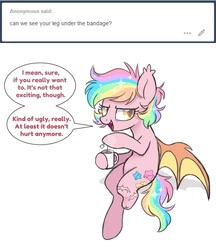 Size: 538x622 | Tagged: safe, artist:hawthornss, oc, oc only, oc:paper stars, bat pony, pony, ask paper stars, amputee, cute little fangs, fangs, food, looking at you, rainbow hair, scar, simple background, solo, speech bubble, tea, text, tumblr, white background