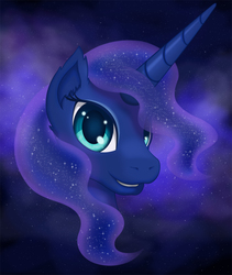 Size: 777x921 | Tagged: safe, artist:aethersly, princess luna, pony, g4, bust, cute, ear fluff, female, fluffy, grin, looking at you, portrait, smiling, solo