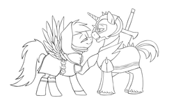 Size: 2600x1600 | Tagged: safe, artist:vistamage, big macintosh, rainbow dash, pegasus, pony, unicorn, dungeons and discords, g4, bedroom eyes, black and white, female, grayscale, lineart, lip bite, looking at each other, male, mare, monochrome, profile, race swap, rainbow rogue, ship:rainbowmac, shipping, simple background, sir mcbiggen, spread wings, stallion, straight, unicorn big mac, white background, wings