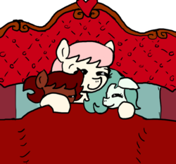 Size: 640x600 | Tagged: safe, artist:ficficponyfic, color edit, edit, oc, oc only, oc:emerald jewel, oc:hope blossoms, oc:ruby rouge, earth pony, pony, colt quest, adult, bed, bedroom, blanket, child, color, colored, colt, cuddling, cute, eyes closed, female, filly, foal, hair over one eye, heart, male, mare, nuzzling, pillow, smiling, snuggling