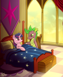 Size: 1557x1917 | Tagged: safe, artist:pedrohander, spike, twilight sparkle, g4, bed, bedroom, cover art, holding hands, older, older spike