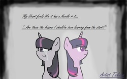 Size: 640x400 | Tagged: safe, artist:takarapov, twilight sparkle, pony, pony pov series, g4, crying, discorded, discorded twilight, happy, sad, self paradox, self ponidox