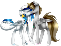 Size: 2698x2045 | Tagged: safe, artist:ohhoneybee, oc, oc only, oc:digital dusk, oc:star seeker, hybrid, pony, high res, kissing, male, straight