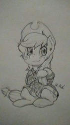 Size: 720x1280 | Tagged: safe, artist:i am nude, applejack, g4, clothes, cute, female, grayscale, jackabetes, monochrome, plaid, playing with hair, shirt, solo, traditional art