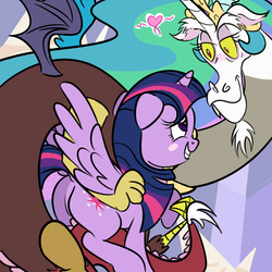 Size: 800x800 | Tagged: safe, artist:spookitty, discord, princess celestia, twilight sparkle, alicorn, pony, dungeons and discords, g4, blushing, butt, discord's celestia face, heart, implied, implied discolight, implied twicord, implying, male, plot, ship:discolight, shipping, straight, tail, transformation, twilight sparkle (alicorn), wingboner, wings