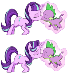 Size: 1016x1098 | Tagged: safe, artist:vistamage, spike, starlight glimmer, dragon, pony, unicorn, g4, alternate hairstyle, cute, eyes closed, kiss on the lips, kissing, levitation, magic, male, ship:sparlight, shipping, simple background, straight, telekinesis, white background