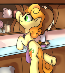 Size: 1000x1120 | Tagged: safe, artist:klemm, carrot top, derpy hooves, golden harvest, pegasus, pony, g4, apron, clothes, female, food, kitchen, mare, muffin, newbie artist training grounds, stealing