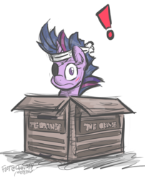 Size: 1827x2247 | Tagged: safe, artist:flutterthrash, twilight sparkle, pony, unicorn, g4, box, cardboard box, exclamation point, female, future twilight, looking at you, mare, metal gear, metal gear solid, newbie artist training grounds, solid sparkle
