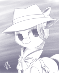 Size: 600x750 | Tagged: safe, artist:malwinters, rarity, g4, clothes, coat, detective rarity, female, hat, sketch, solo