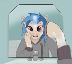 Size: 1082x956 | Tagged: safe, artist:sevenpaperplates, dj pon-3, vinyl scratch, human, clothes, happy, hoodie, human to pony, magic, male to female, mirror, offscreen character, pov, rule 63, sink, transformation, transgender transformation
