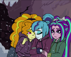 Size: 657x526 | Tagged: safe, artist:mintydreams7, adagio dazzle, aria blaze, sonata dusk, equestria girls, g4, clothes, eyes closed, homeless, hoodie, sad, snow, snowfall, the dazzlings, this will end in hypothermia, this will end in tears and/or death, winter outfit