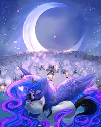 Size: 3959x5003 | Tagged: safe, artist:segraece, princess luna, oc, oc:lunar evening, alicorn, pony, unicorn, g4, beautiful, canon x oc, couple, cuddling, cute, heart, horn, hug, kissing, love, luvning, moon, shipping, snuggling, unicorn oc