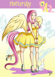 Size: 800x1120 | Tagged: safe, artist:accessworld, angel bunny, fluttershy, human, ponytaur, taur, g4, breasts, cleavage, clothes, dress, female, humanized, humantaur, what has science done