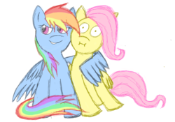 Size: 1413x989 | Tagged: safe, artist:blankcheckpony, fluttershy, rainbow dash, g4, hug, surprised, winghug