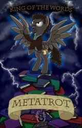 Size: 819x1280 | Tagged: safe, artist:ifoxspirit, pegasus, pony, bipedal, book, clothes, lightning, metatron (supernatural), night, ponified, pun, solo, supernatural, title