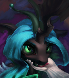 Size: 1594x1781 | Tagged: safe, artist:oneofyouare, queen chrysalis, changeling, changeling queen, human, g4, drool, female, hand, licking, tongue out