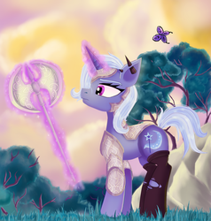Size: 1150x1207 | Tagged: safe, artist:evescintilla, trixie, butterfly, pony, unicorn, g4, armor, axe, battle axe, clothes, female, kneesocks, magic, mare, socks, solo, weapon