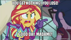Size: 800x450 | Tagged: safe, edit, edited screencap, screencap, sci-twi, sunset shimmer, twilight sparkle, equestria girls, g4, my little pony equestria girls: friendship games, caption, gene wilder, image macro, makeameme.org, meme, roald dahl, sunset yells at twilight, willy wonka and the chocolate factory, you get nothing