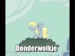 Size: 480x360 | Tagged: safe, edit, edited screencap, screencap, derpy hooves, pegasus, pony, g4, season 2, the last roundup, animated, caption, cloud, dutch, female, gif, gif with captions, jumping, lightning, mare, solo
