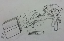 Size: 2609x1695 | Tagged: safe, artist:ponybytesketches, oc, oc only, pony, box, monochrome, pony in a box, surprised