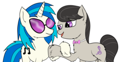 Size: 1803x923 | Tagged: safe, artist:cruelunicorn, dj pon-3, octavia melody, vinyl scratch, pony, g4, bowtie, female, glasses, lesbian, mare, ship:scratchtavia, shipping