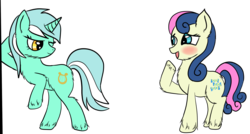 Size: 1489x799 | Tagged: safe, artist:cruelunicorn, bon bon, lyra heartstrings, sweetie drops, earth pony, pony, g4, bedroom eyes, blushing, female, lesbian, mare, ship:lyrabon, shipping