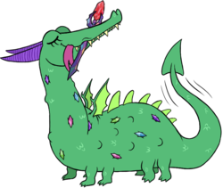 Size: 758x641 | Tagged: safe, artist:quoting_mungo, crackle, dragon, g4, gauntlet of fire, bloodstone scepter, dragon lord crackle, eyes closed, forked tongue, mouth hold, simple background, smiling, solo, tail wag, tongue out, transparent background