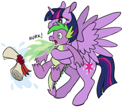 Size: 773x677 | Tagged: safe, artist:quoting_mungo, spike, twilight sparkle, alicorn, dragon, pony, g4, dragon mail, fire, fire breath, firebreathing, green fire, heimlich maneuver, letter, simple background, transparent background, twilight sparkle (alicorn)