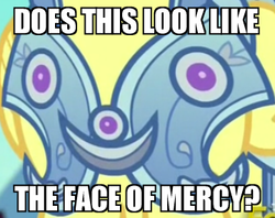 Size: 360x285 | Tagged: safe, edit, edited screencap, screencap, radiant gold, g4, the times they are a changeling, armor, crystal guard, crystal guard armor, face of mercy, image macro, meme, pareidolia, solo