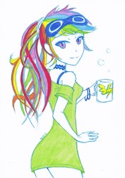 Size: 2452x3480 | Tagged: safe, artist:deeemperor, rainbow dash, human, g4, coffee mug, high res, humanized, looking at you, looking back, mug, smiling, traditional art