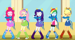 Size: 986x532 | Tagged: safe, applejack, fluttershy, pinkie pie, rainbow dash, rarity, equestria girls, g4, boots, clothes, helping twilight win the crown, high heel boots, skirt, sweater, sweatershy, wondercolts uniform