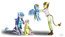 Size: 1600x900 | Tagged: safe, artist:rulsis, fluttershy, rainbow dash, oc, pony, anthro, g4, anthro with ponies, holding, holding a pony