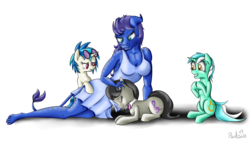 Size: 1600x900 | Tagged: safe, artist:rulsis, dj pon-3, lyra heartstrings, octavia melody, vinyl scratch, oc, anthro, g4, clothes, dress, petting