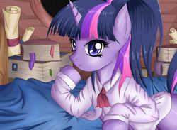 Size: 3000x2200 | Tagged: safe, artist:mricantdraw, twilight sparkle, pony, g4, bed, blanket, book, clothes, female, scroll, solo