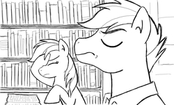 Size: 1368x829 | Tagged: safe, artist:aceeternal, quibble pants, rainbow dash, g4, facehoof, library, lineart, male, monochrome, rant, reading, reading rainboom, ship:quibbledash, shipping, straight