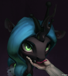 Size: 1713x1907 | Tagged: safe, artist:oneofyouare, queen chrysalis, changeling, changeling queen, human, g4, cute, cutealis, female, hand, heart eyes, licking, looking at you, offscreen character, tongue out, wingding eyes