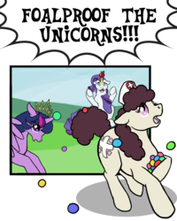 Size: 500x625 | Tagged: safe, artist:quoting_mungo, nursery rhyme, rarity, twilight sparkle, alicorn, earth pony, pony, unicorn, g4, apple, ball, childproofing, food, hilarious in hindsight, horn, horn guard, horn impalement, hornball, older, speech bubble, twilight sparkle (alicorn)