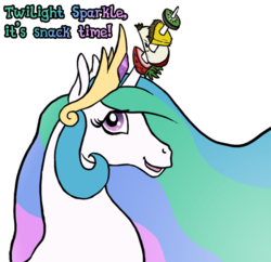 Size: 500x484 | Tagged: safe, artist:quoting_mungo, princess celestia, alicorn, pony, g4, bust, female, food, fruit, horn, horn impalement, mare, sillestia, silly, silly pony, simple background, solo, transparent background