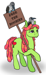 Size: 534x863 | Tagged: safe, artist:quoting_mungo, tree hugger, bird, booby, earth pony, pony, g4, protest, pun, sign, simple background, transparent background, visual pun