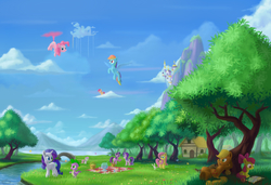 Size: 3800x2600 | Tagged: safe, artist:emeraldgalaxy, angel bunny, apple bloom, applejack, fluttershy, pinkie pie, rainbow dash, rarity, scootaloo, spike, starlight glimmer, sweetie belle, twilight sparkle, alicorn, dragon, earth pony, pegasus, pony, unicorn, g4, apple sisters, baby, baby dragon, belle sisters, book, bridge, canterlot castle, cloud, cloudsdale, cutie mark crusaders, female, filly, high res, lake, male, mane seven, mane six, mare, picnic, picnic table, pinkie being pinkie, pinkiecopter, river, scenery, siblings, sisters, tree, twilight sparkle (alicorn)