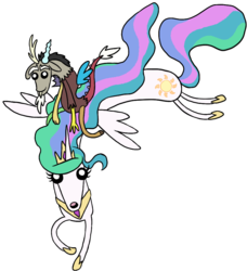Size: 848x928 | Tagged: safe, artist:quoting_mungo, discord, princess celestia, alicorn, draconequus, pony, g4, adventure time, male, riding a pony, silly, style emulation