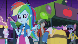 Size: 960x540 | Tagged: safe, edit, edited screencap, screencap, applejack, micro chips, normal norman, rainbow dash, tennis match, equestria girls, g4, my little pony equestria girls: rainbow rocks, perfect day for fun, animated, apple, chewing, eating, food, gif