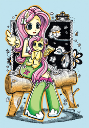 Size: 450x648 | Tagged: safe, artist:cchiuan, fluttershy, human, pony, equestria girls, g4, boots, clothes, cute, holding a pony, human ponidox, ponied up, sitting, skirt, socks, tank top